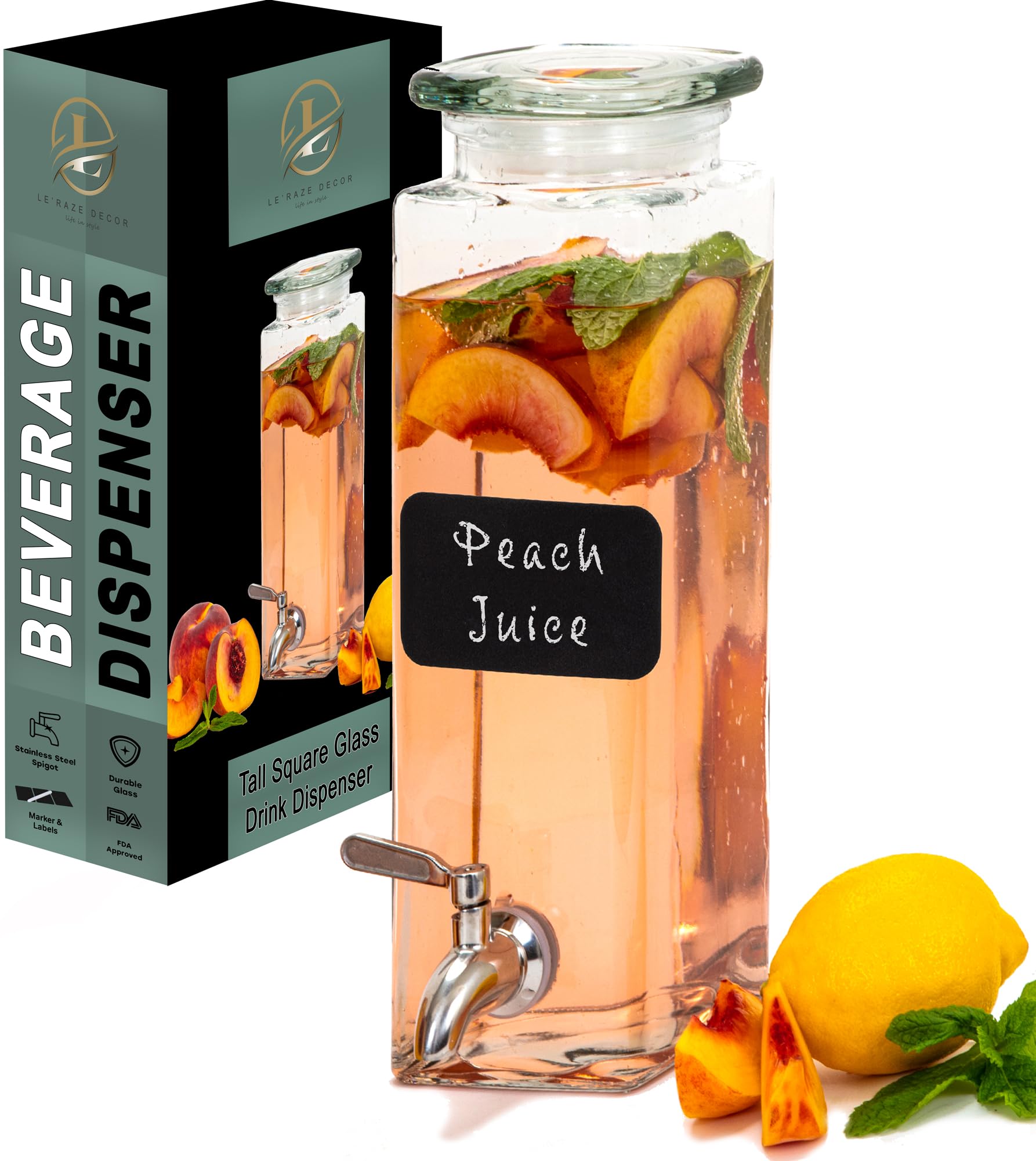 Le'raze square glass dispenser with 80oz capacity and leakproof spigot for parties.