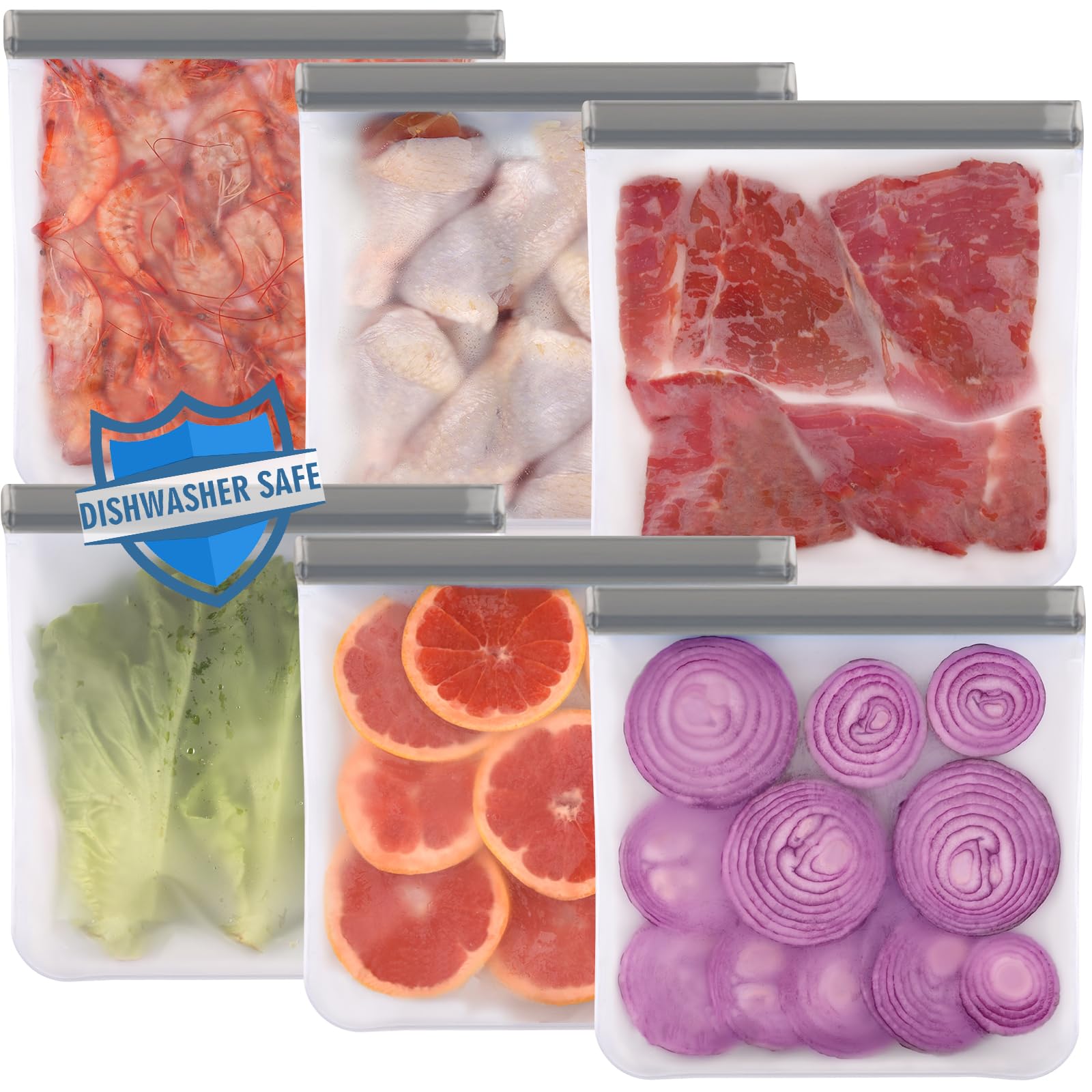 Lerine 6 pack gallon freezer bags, dishwasher safe and reusable for easy cleaning