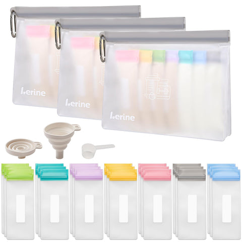 Lerine travel container with single-dose bags for easy on-the-go protein shakes.