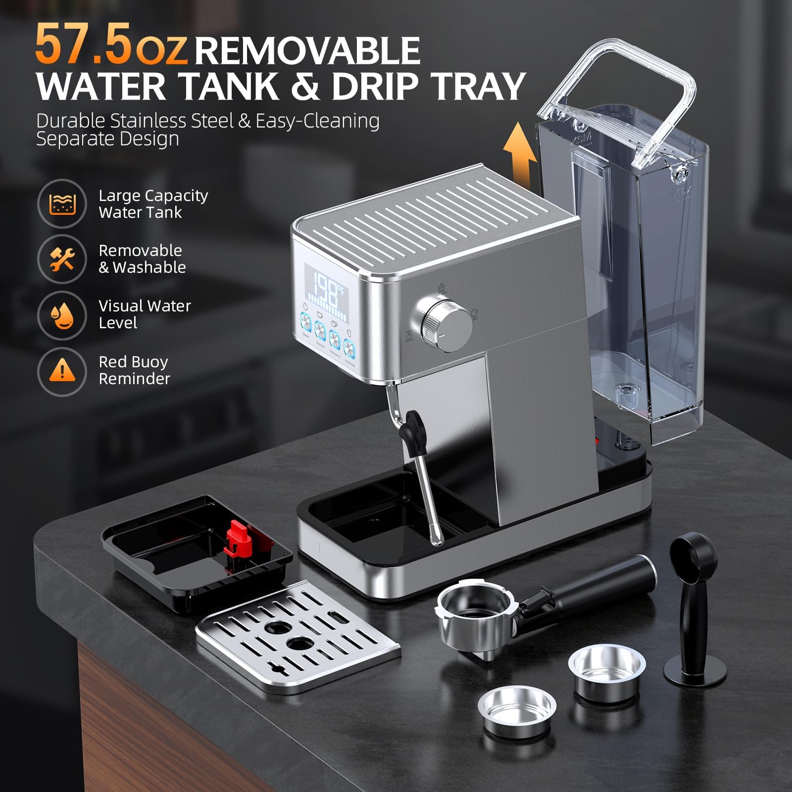 LERTIN 1.7 liter removable tank supports multi-cup brewing without frequent refills.