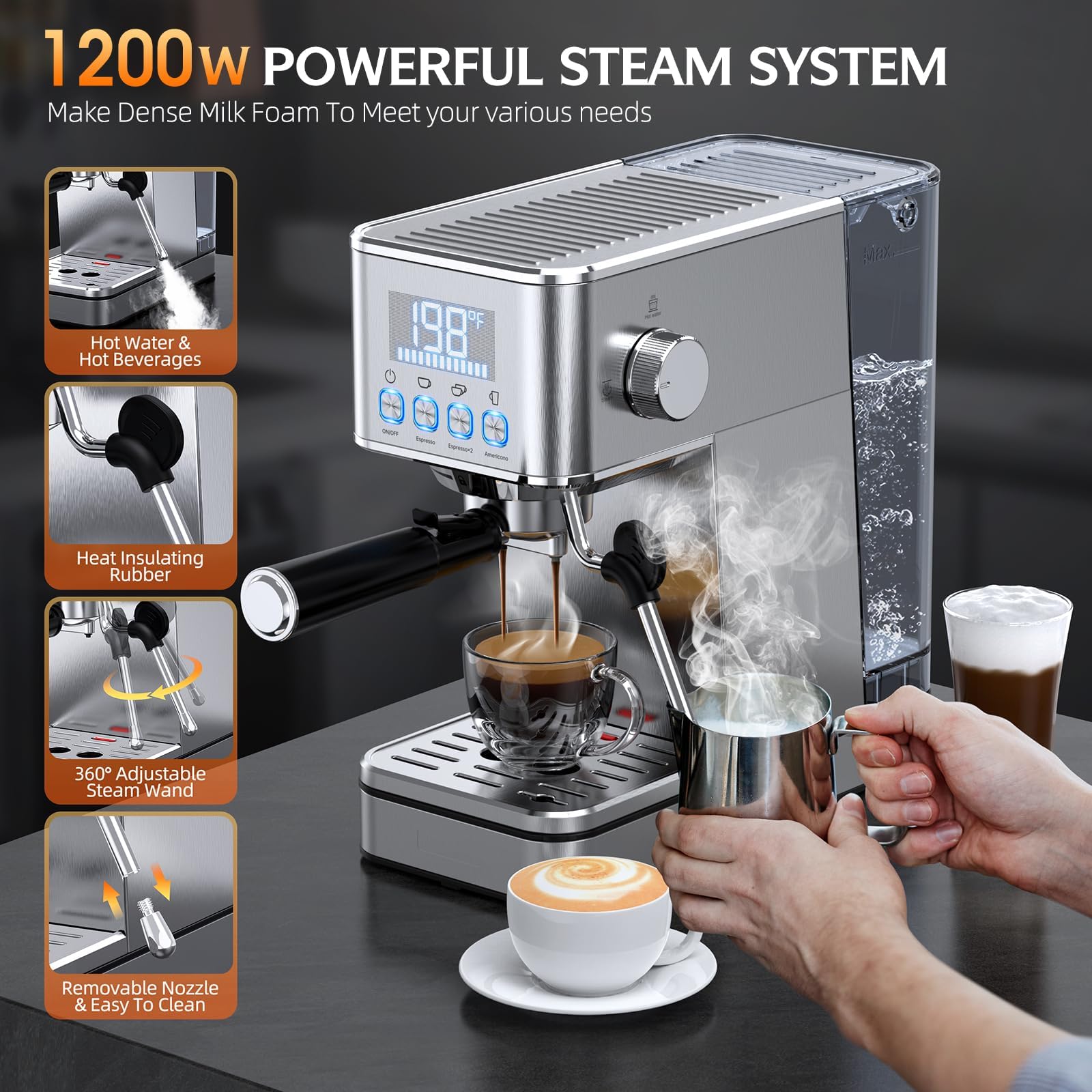 LERTIN 20bar system demonstrates professional pressure for fuller coffee flavors.