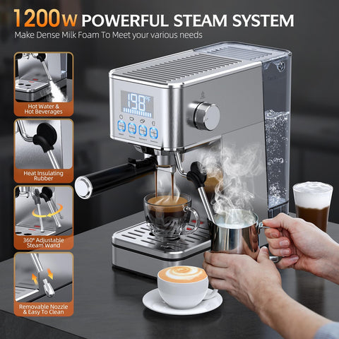 LERTIN 20bar system demonstrates professional pressure for fuller coffee flavors.