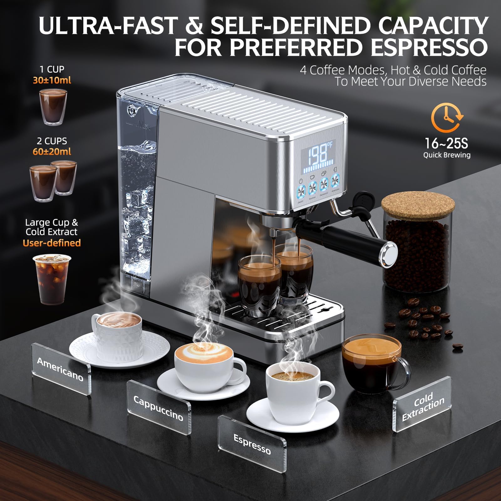 LERTIN display showcases real-time temperature and brew time for precise control.