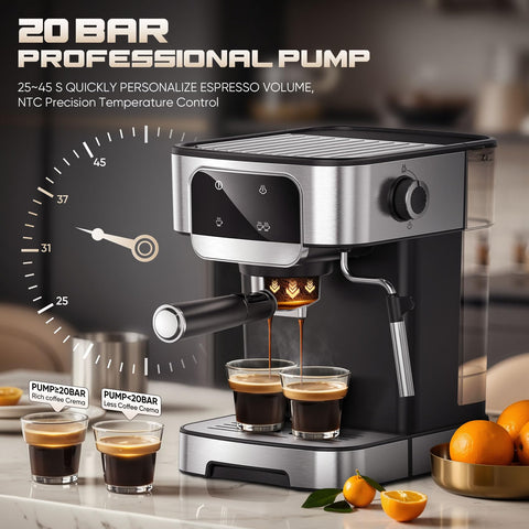 LERTIN espresso machine dual-shot brewing emphasizes fast extraction at home.