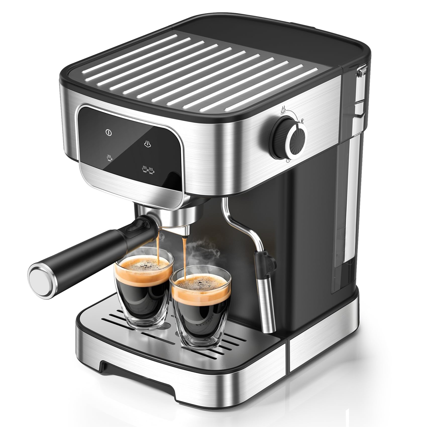 LERTIN espresso machine front view with LED screen and compact design.
