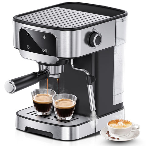 LERTIN espresso machine front view highlights compact, kitchen-friendly design.