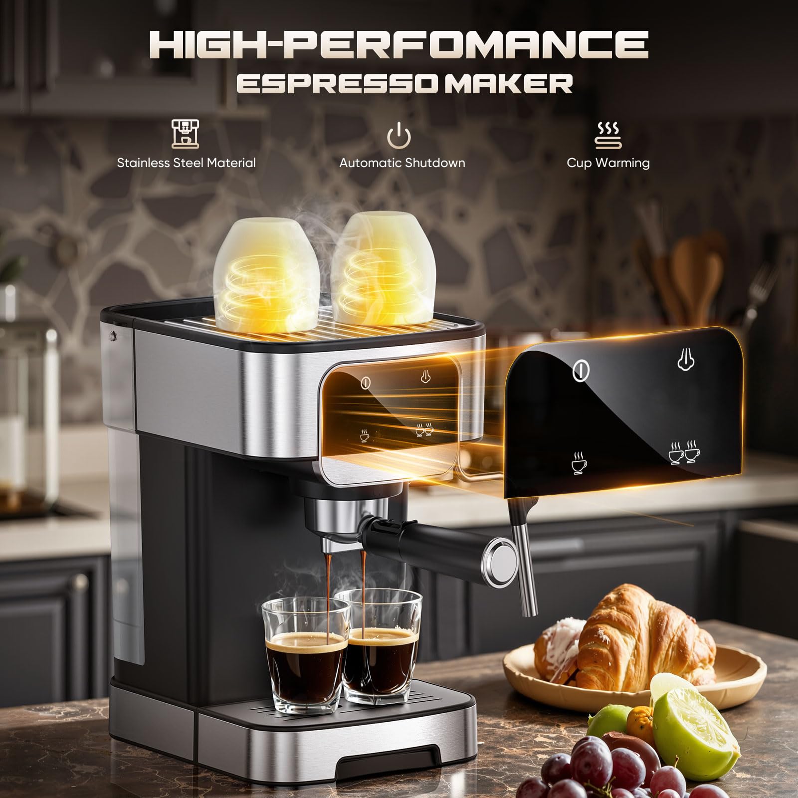 LERTIN LED display demonstrates quick brew options for single or double shots.