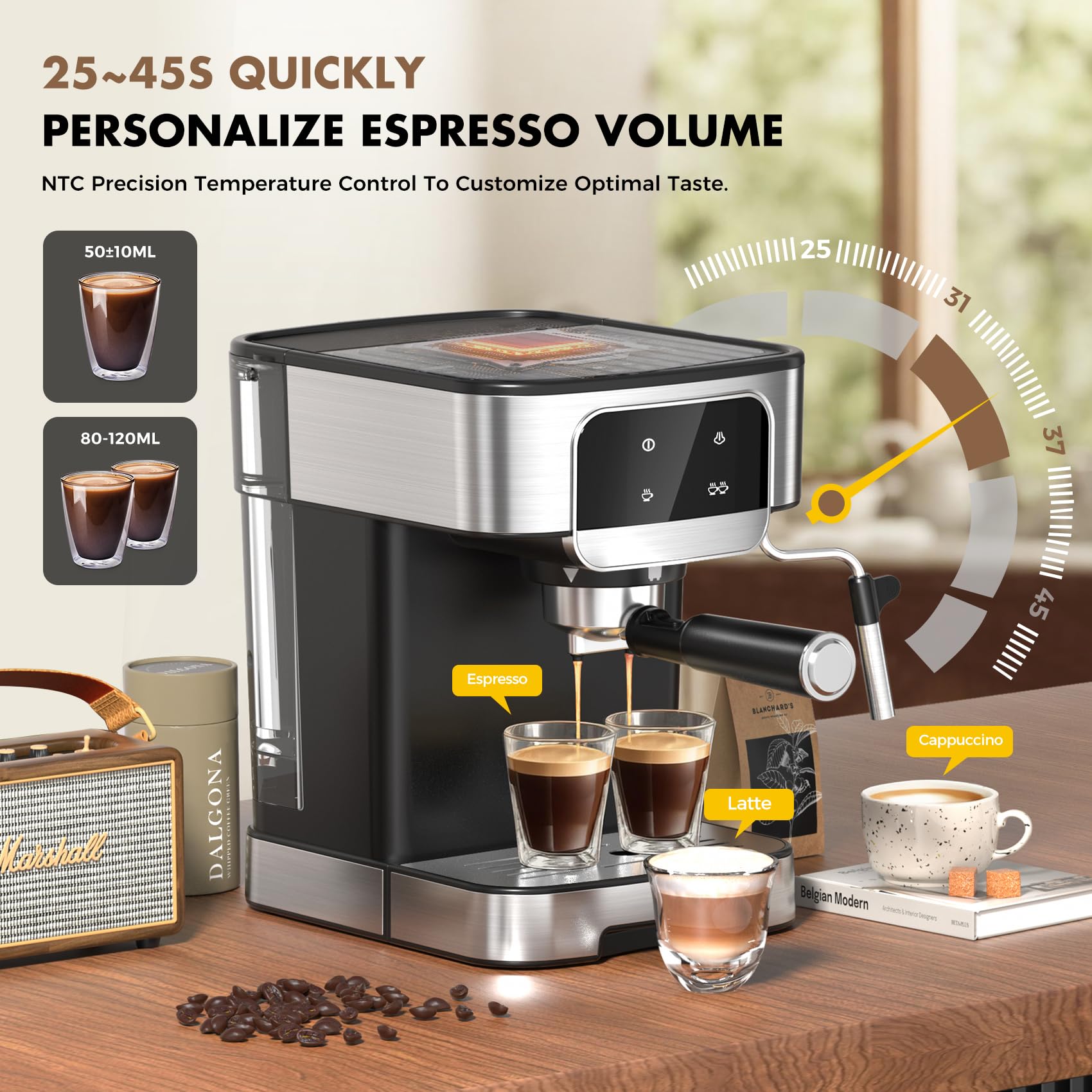 LERTIN espresso machine milk frother and steam wand in action for creamy drinks.