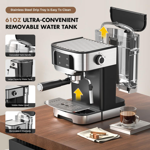 LERTIN espresso machine removable drip tray for easy cleaning.