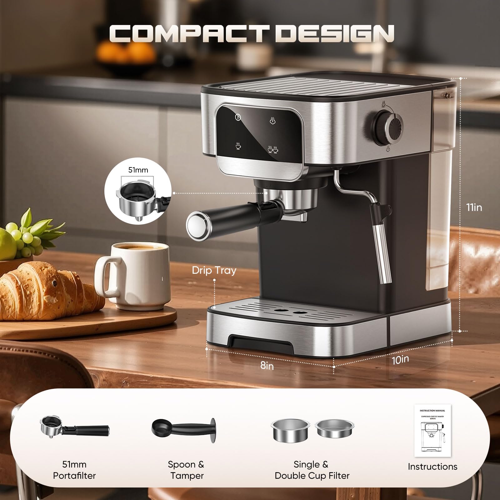 LERTIN espresso machine side panel shows sleek controls for easy operation.