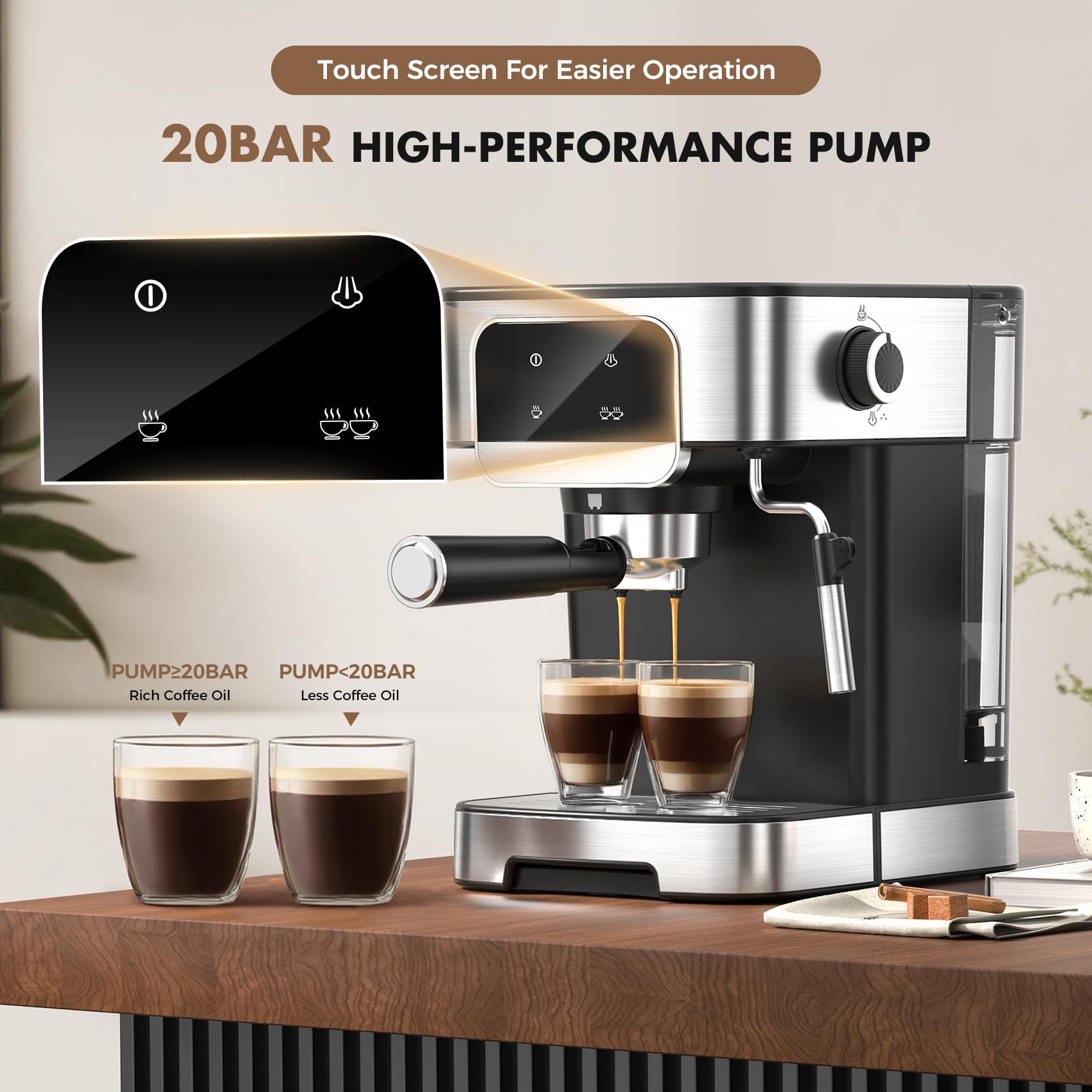 LERTIN espresso machine side view showing slim footprint for small kitchens.