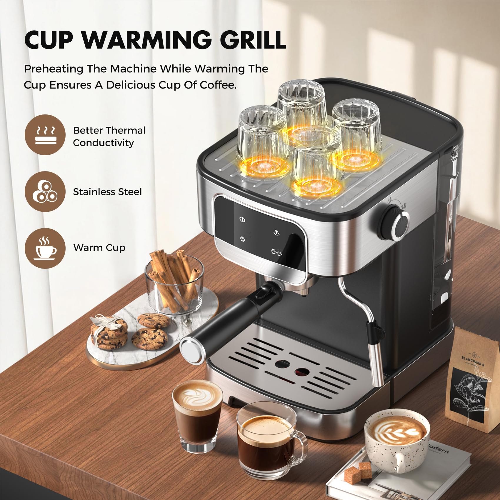 LERTIN espresso machine top cup-warming area for preheating mugs.