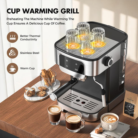 LERTIN espresso machine top cup-warming area for preheating mugs.