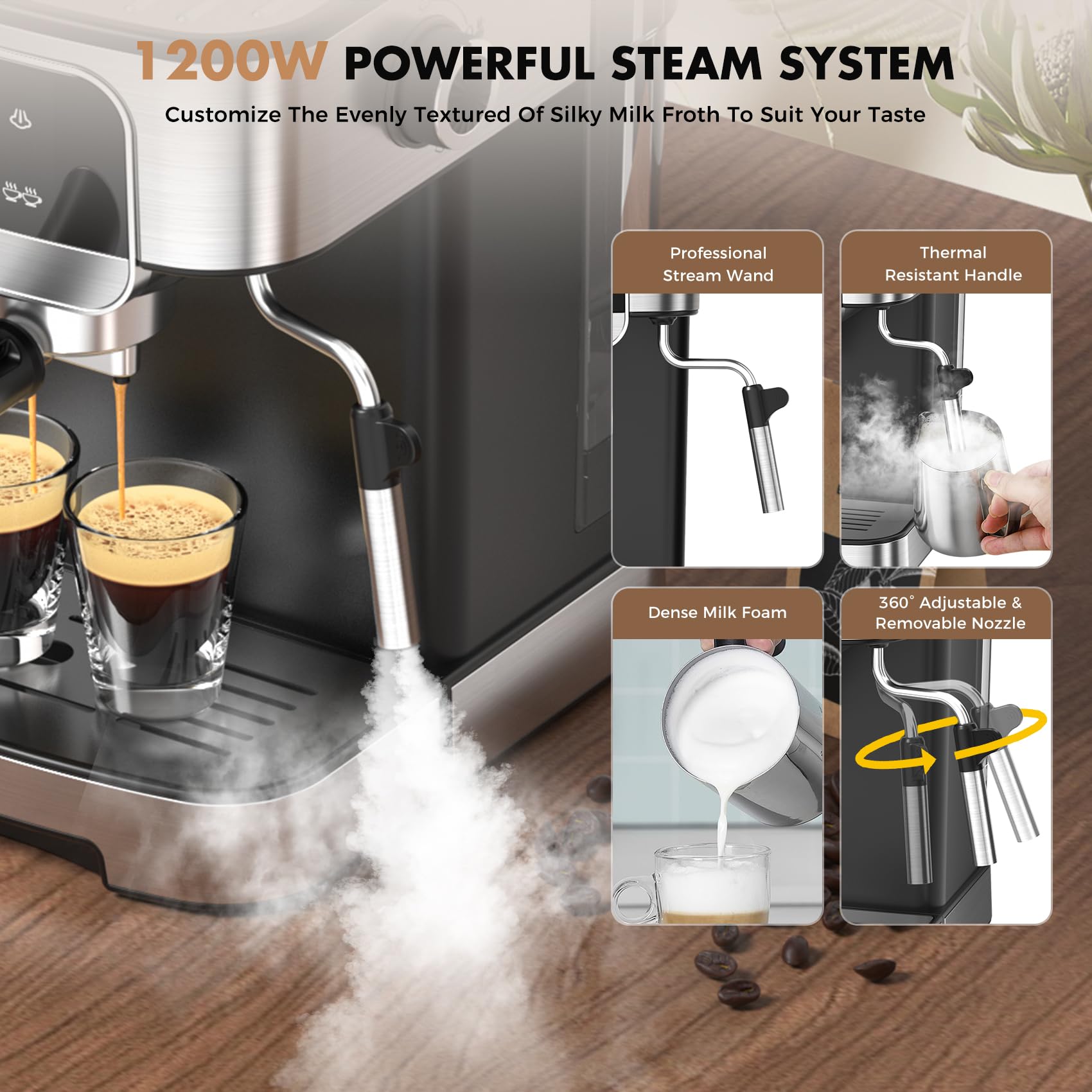 LERTIN espresso machine water tank close-up highlighting 1.8L capacity.