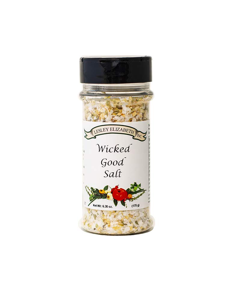 Lesley Elizabeth Wicked Good Salt bottle closeup enhances bold flavor.