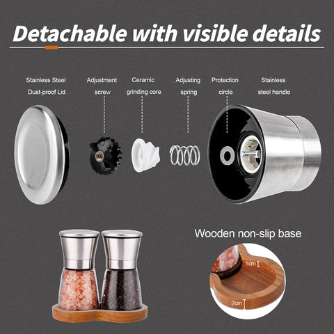 LessMo grinders with adjustable ceramic coarseness for fine to coarse seasoning.