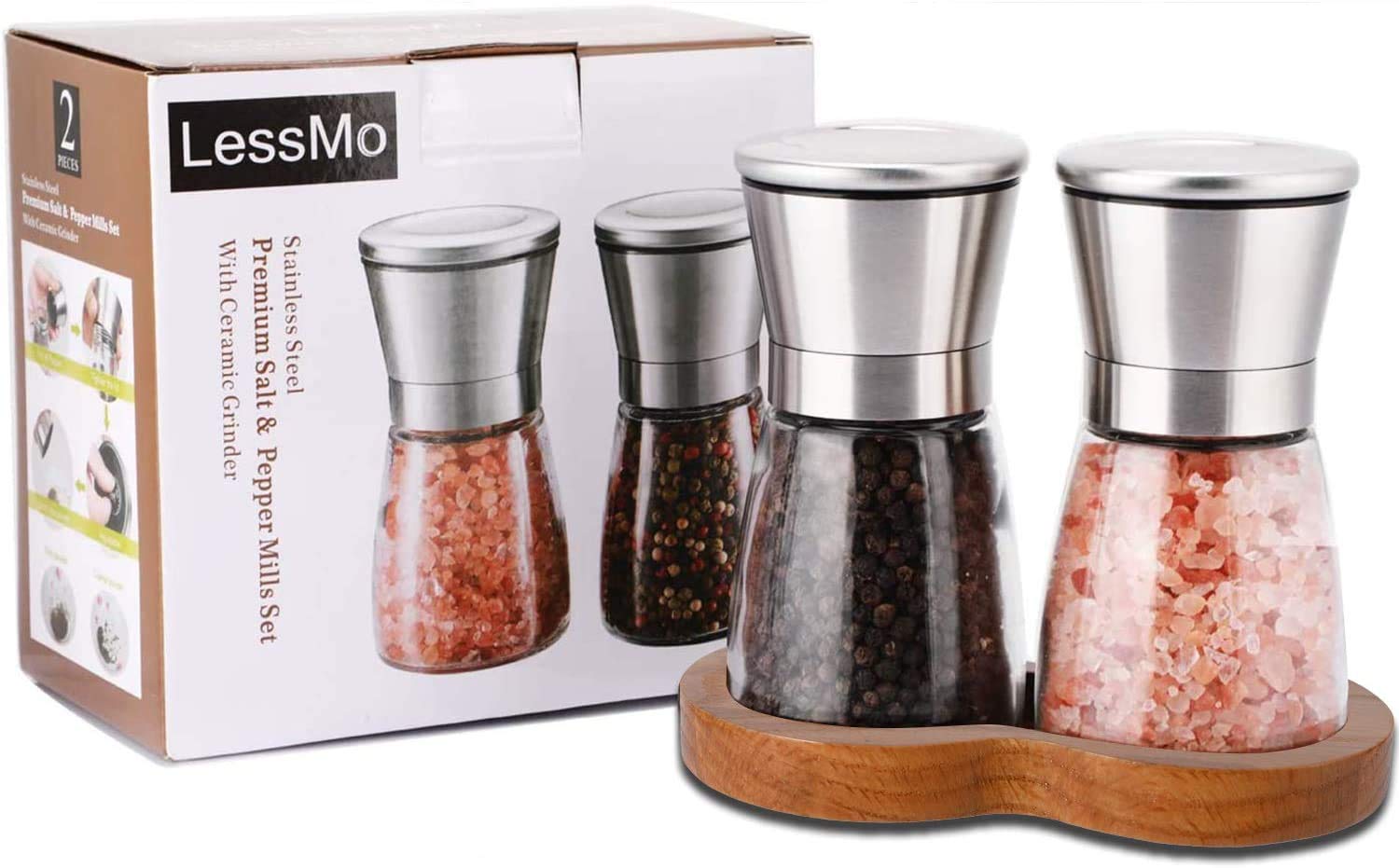 LessMo beech stand keeps grinders organized and stable on the counter.