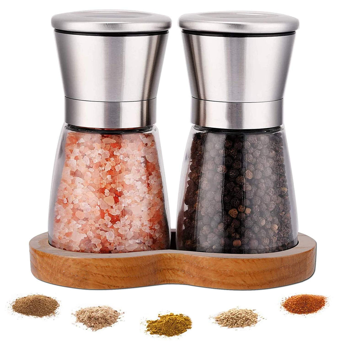 LessMo salt and pepper grinders on wooden standing tray for elegant counter display.