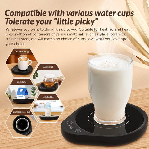 letme mug warmer on a desk beside a laptop