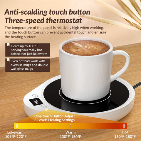 let'me Mug Warmer temperature settings personalize warmth for coffee, tea, or cocoa.