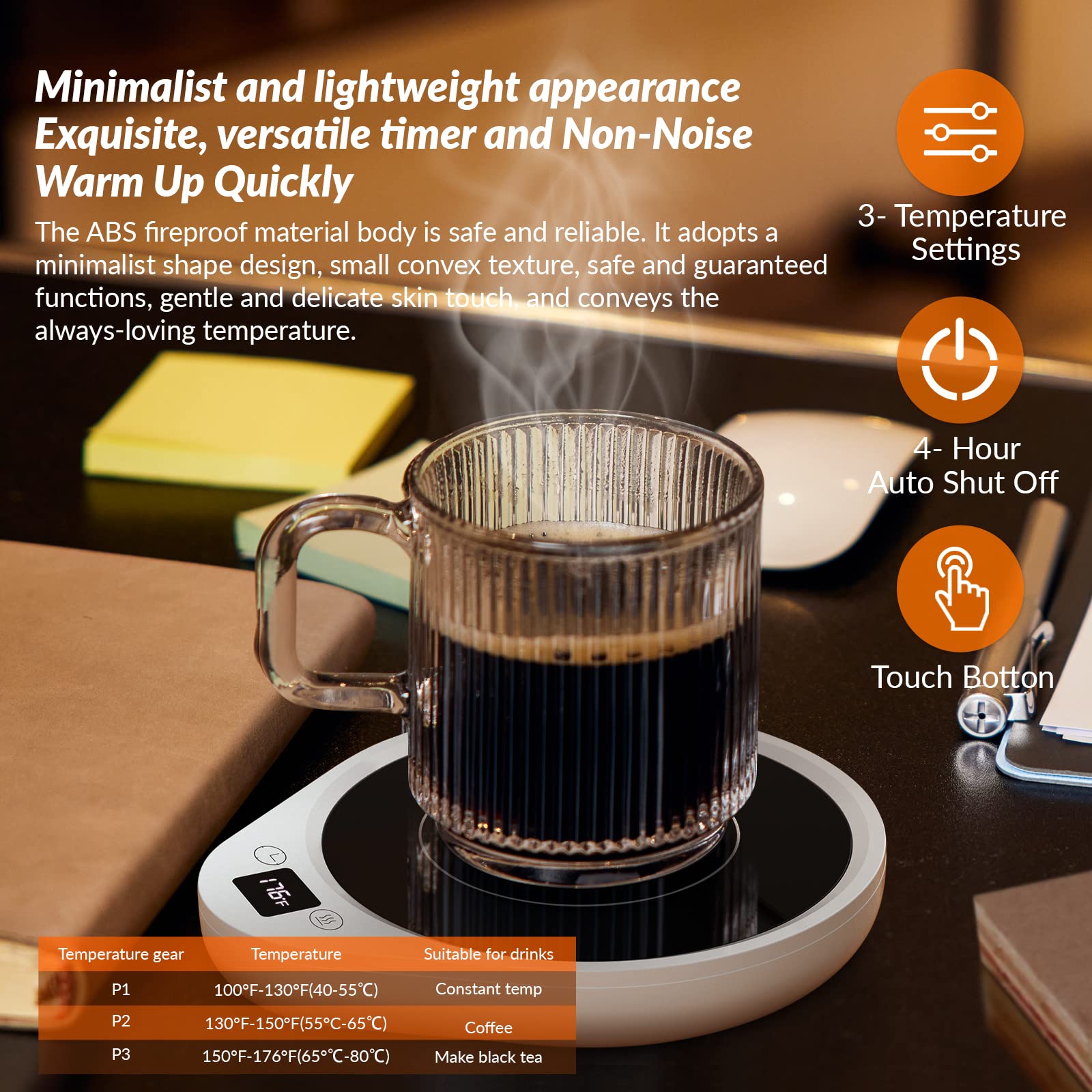 let'me Mug Warmer timer and auto shut off for safe, energy-saving use.