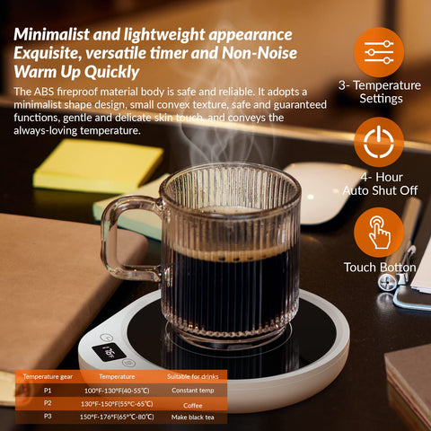let'me Mug Warmer timer and auto shut off for safe, energy-saving use.