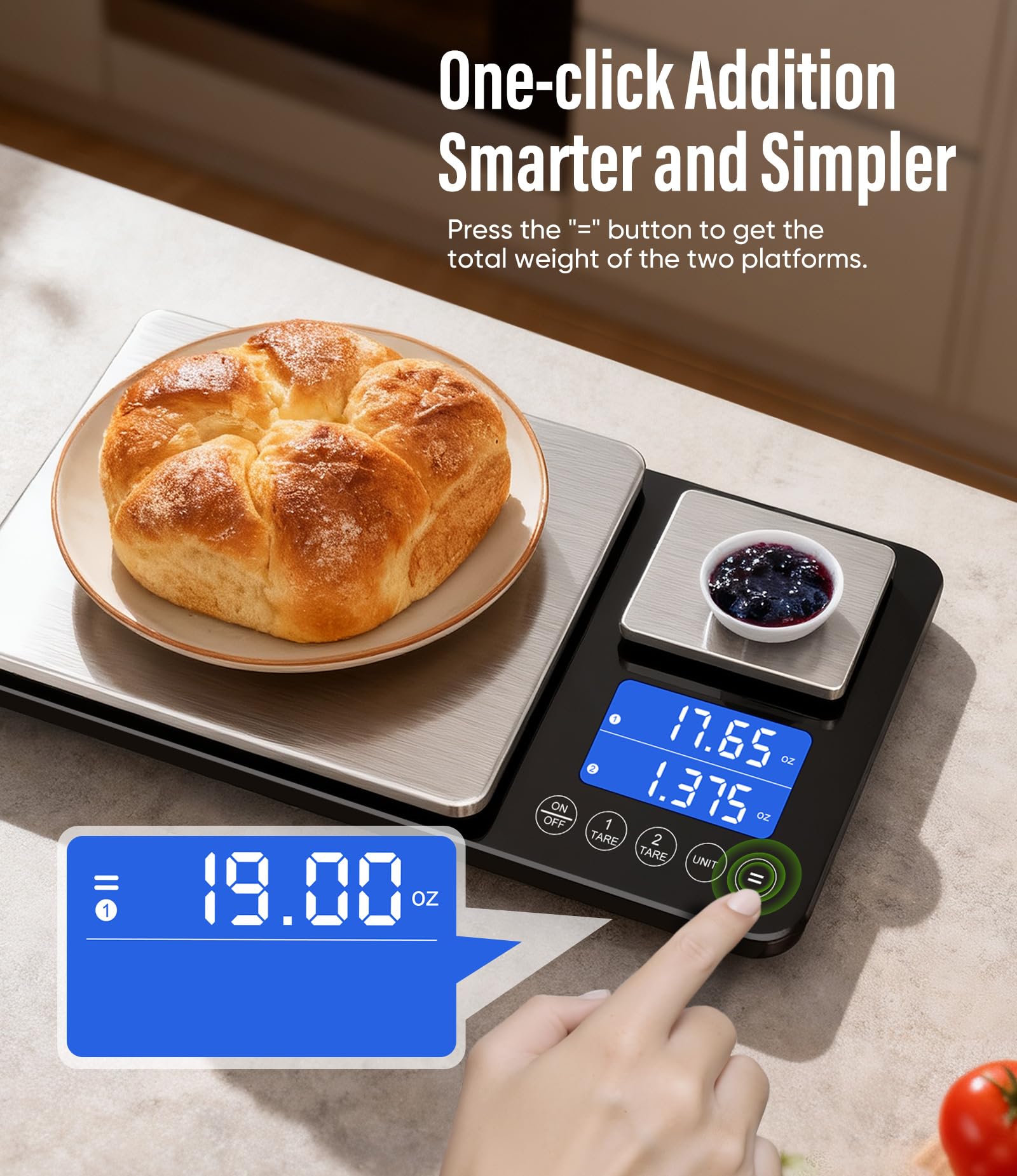 Letron tare and multiple units enable precise ingredient measurements.