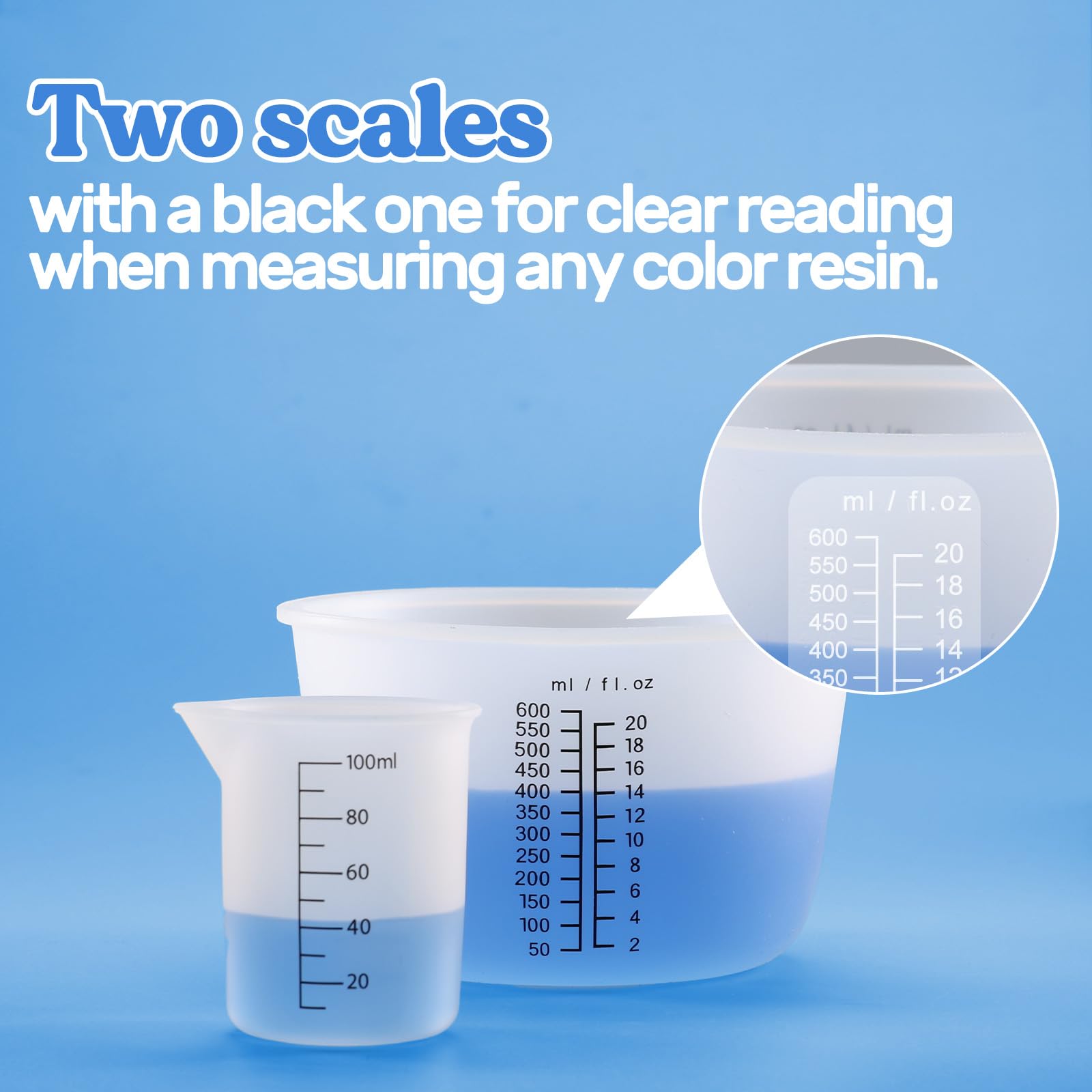 LET'S RESIN 100ml silicone measuring cup shows clear dual scale for accurate dosing.
