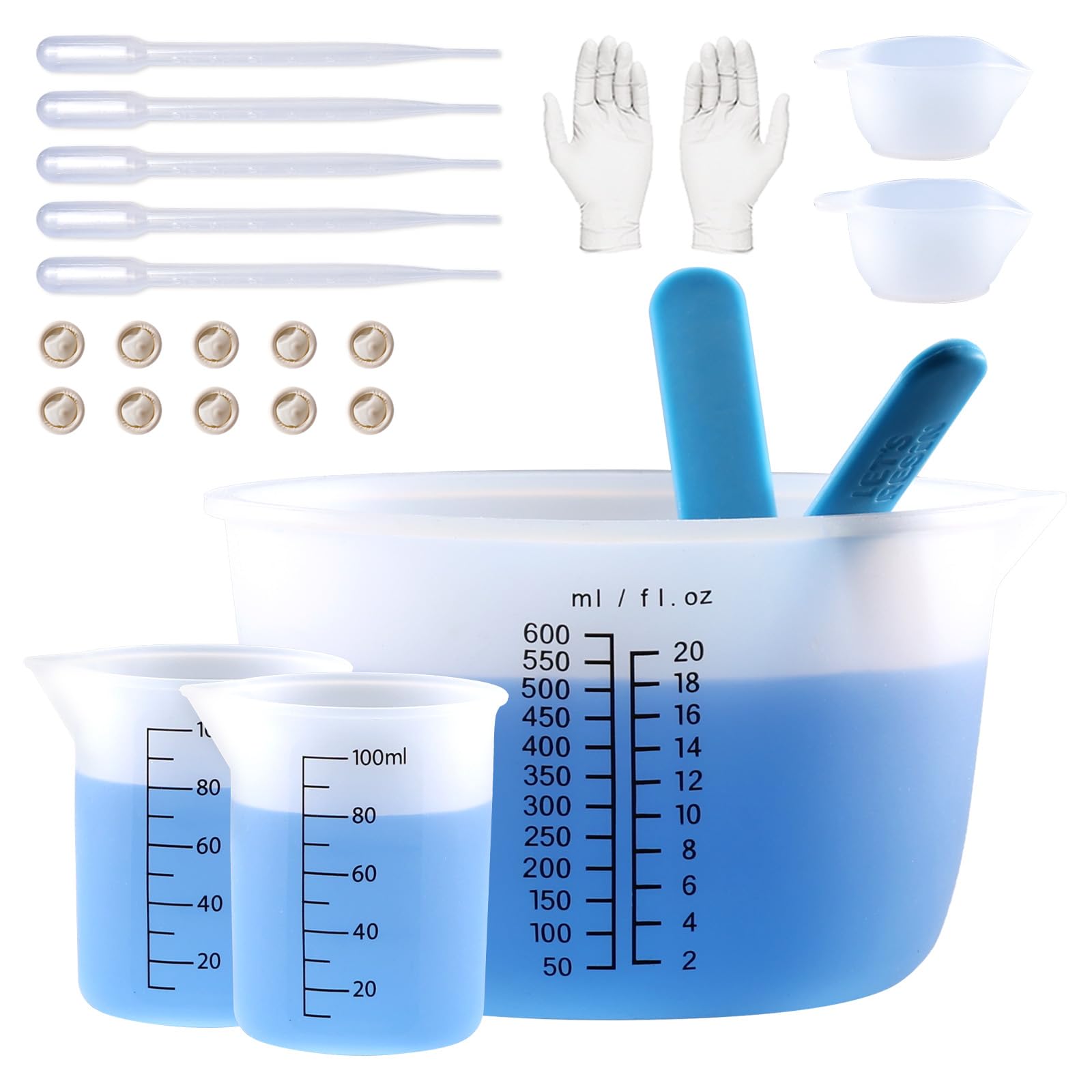 LET'S RESIN 600ml silicone measuring cup with tilted spout for precise pours.