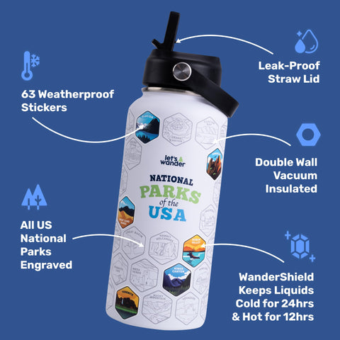 Let’s Wander 32oz insulated stainless bottle keeps drinks cold on hikes
