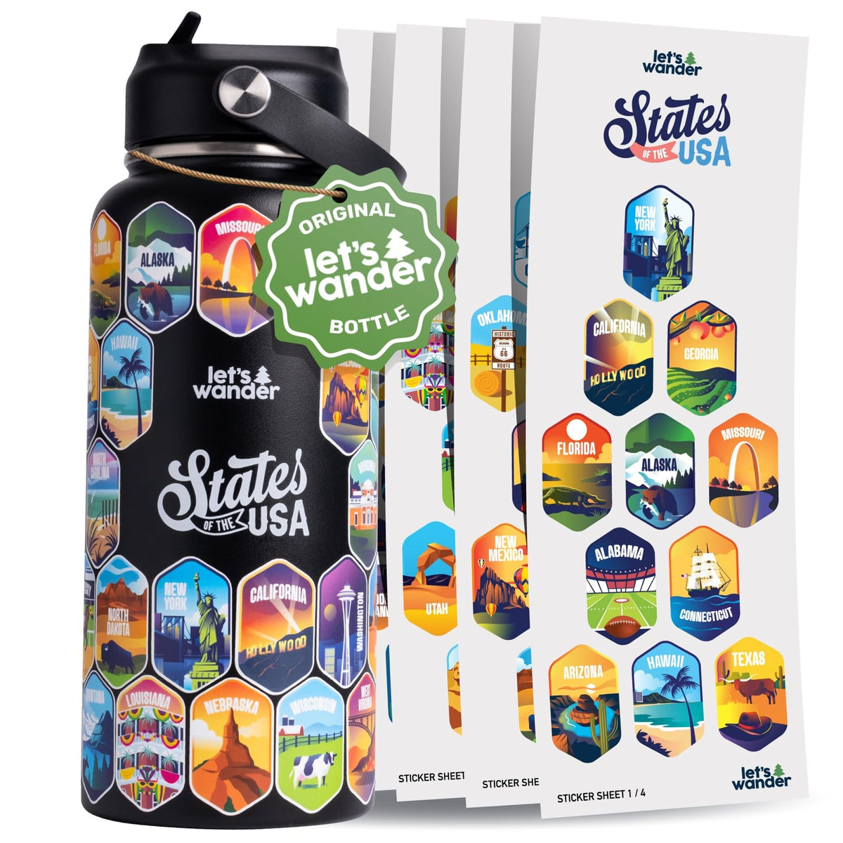 LET'S WANDER 50-states stickers on bottle highlight iconic features for travel adventures.
