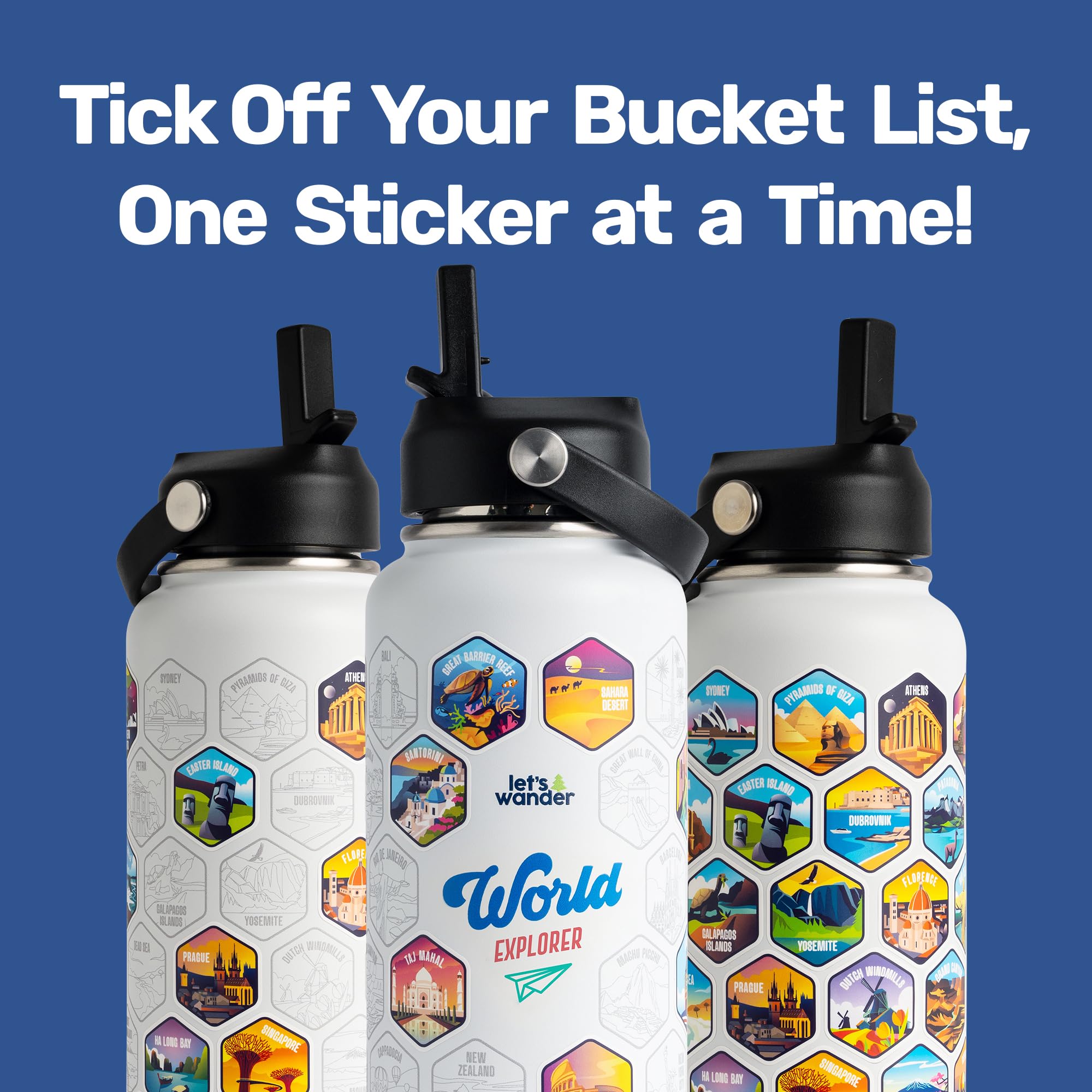 LET'S WANDER 50-sticker travel set for destination-inspired customization.