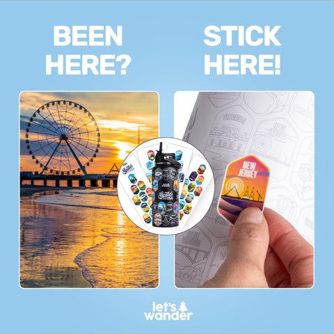 LET'S WANDER gift-ready USA bottle for travelers and sticker collectors.