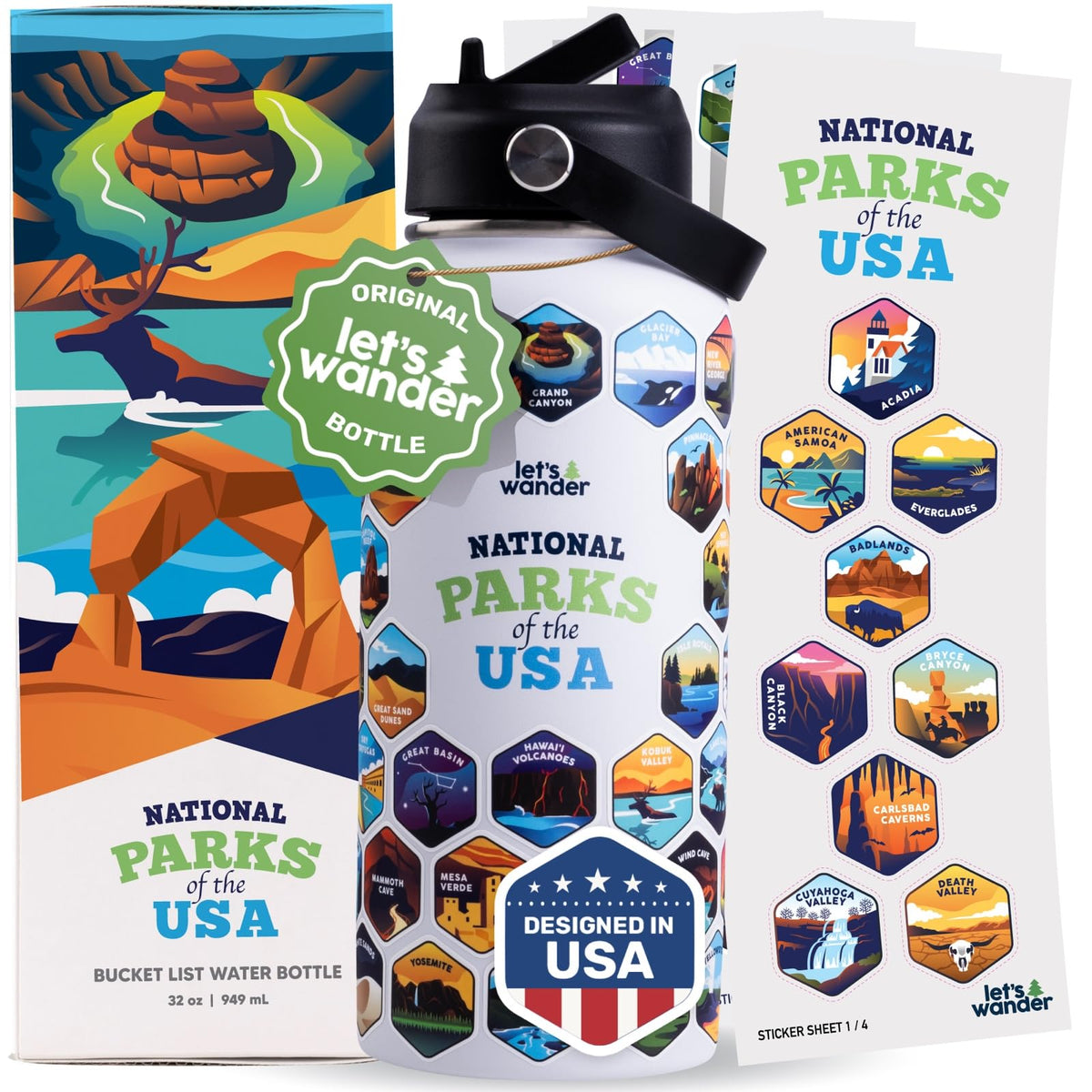 Let’s Wander National Parks bottle front view with stickers for on-the-go adventures