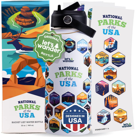 Let’s Wander National Parks bottle front view with stickers for on-the-go adventures