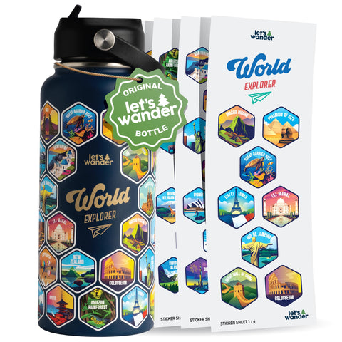 LET'S WANDER World Explorer bottle with engraved design for lasting travel style.