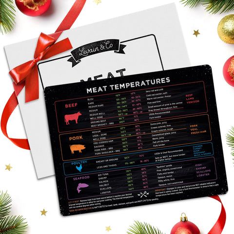 Levain & Co meat temperature magnet on fridge showing beef chart for precise doneness