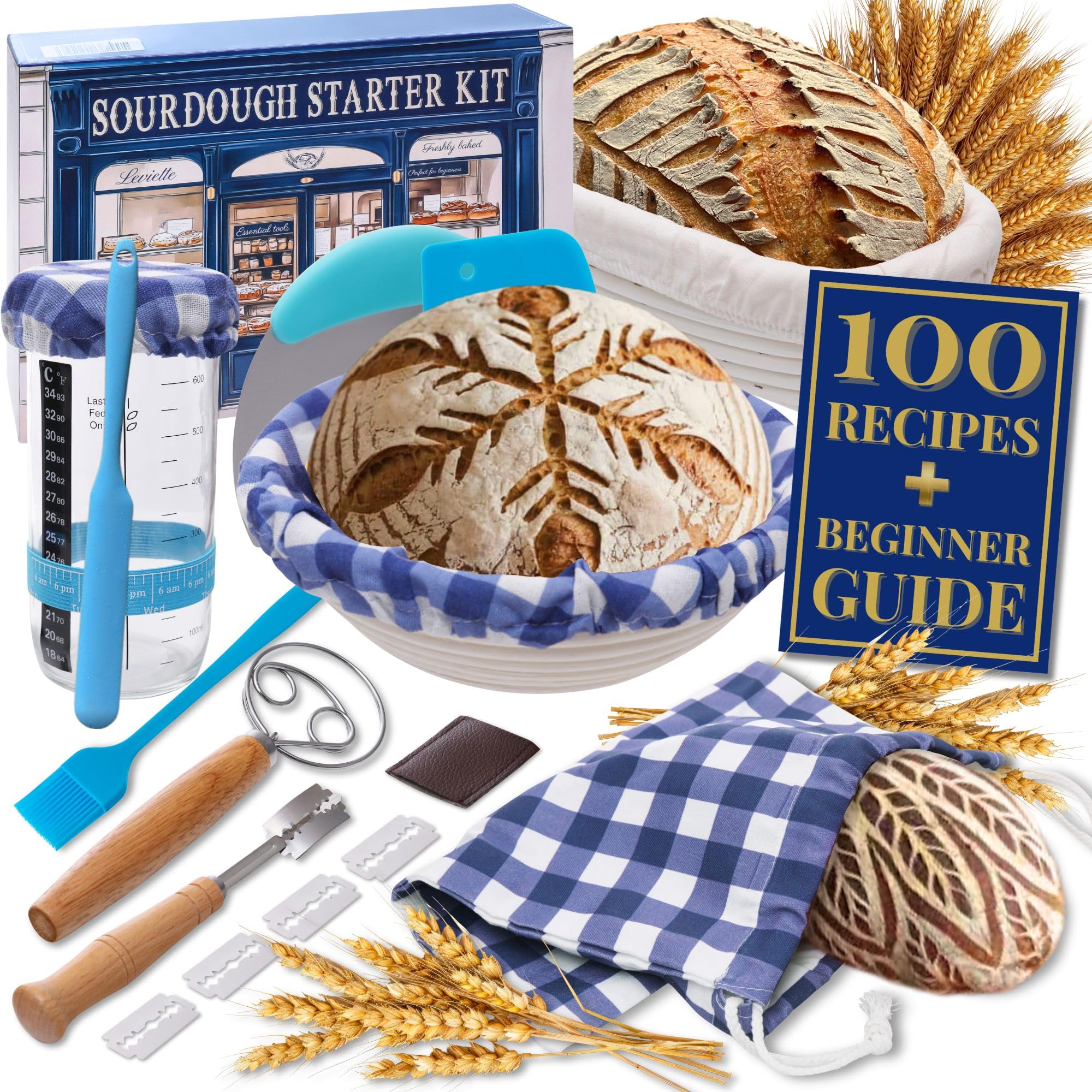 Leviette Sourdough Starter Kit for beginners laid out for first steps in baking.