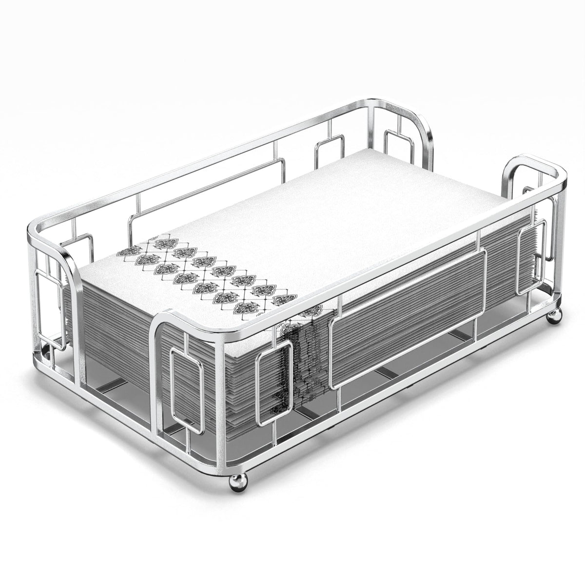 LEVIMETREE silver guest towel holder tray keeps bathroom napkins neatly organized.
