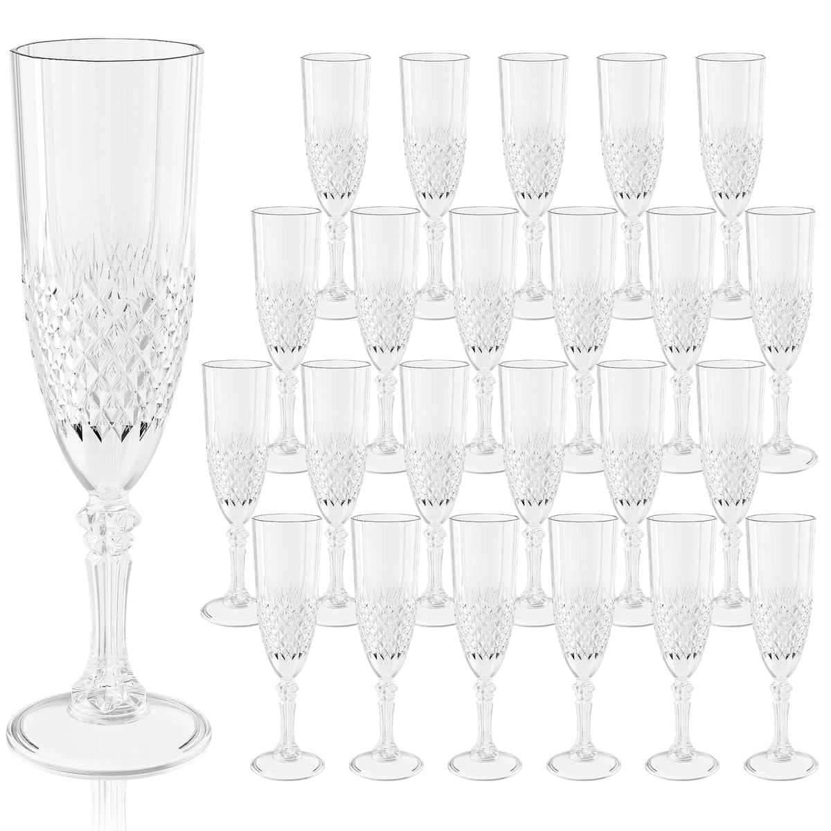 LEYIQU champagne flutes 24pcs: elegant clear plastic glasses for toasts and celebrations.