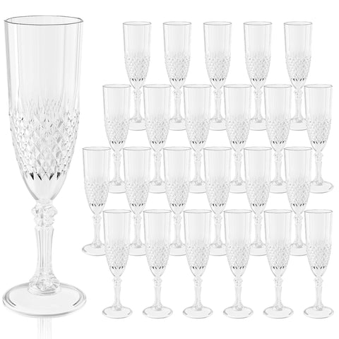 LEYIQU champagne flutes 24pcs: elegant clear plastic glasses for toasts and celebrations.