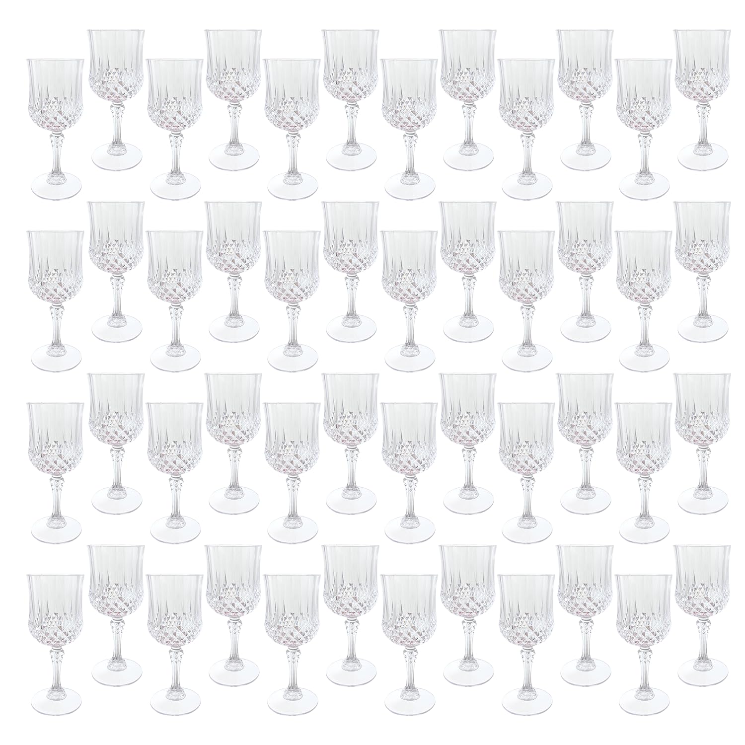 LEYIQU plastic wine glasses 48-pack in clear design for elegant weddings and parties.