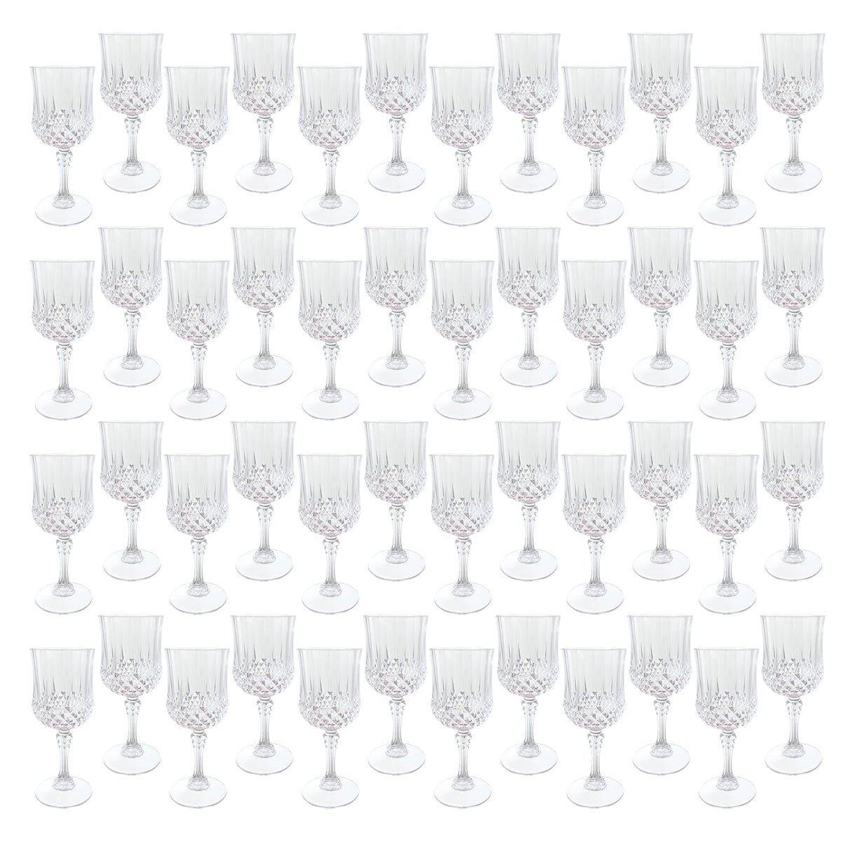 LEYIQU plastic wine glasses 48-pack in clear design for elegant weddings and parties.
