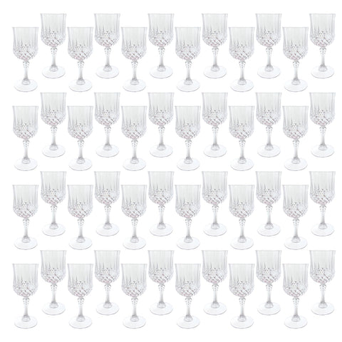LEYIQU plastic wine glasses 48-pack in clear design for elegant weddings and parties.