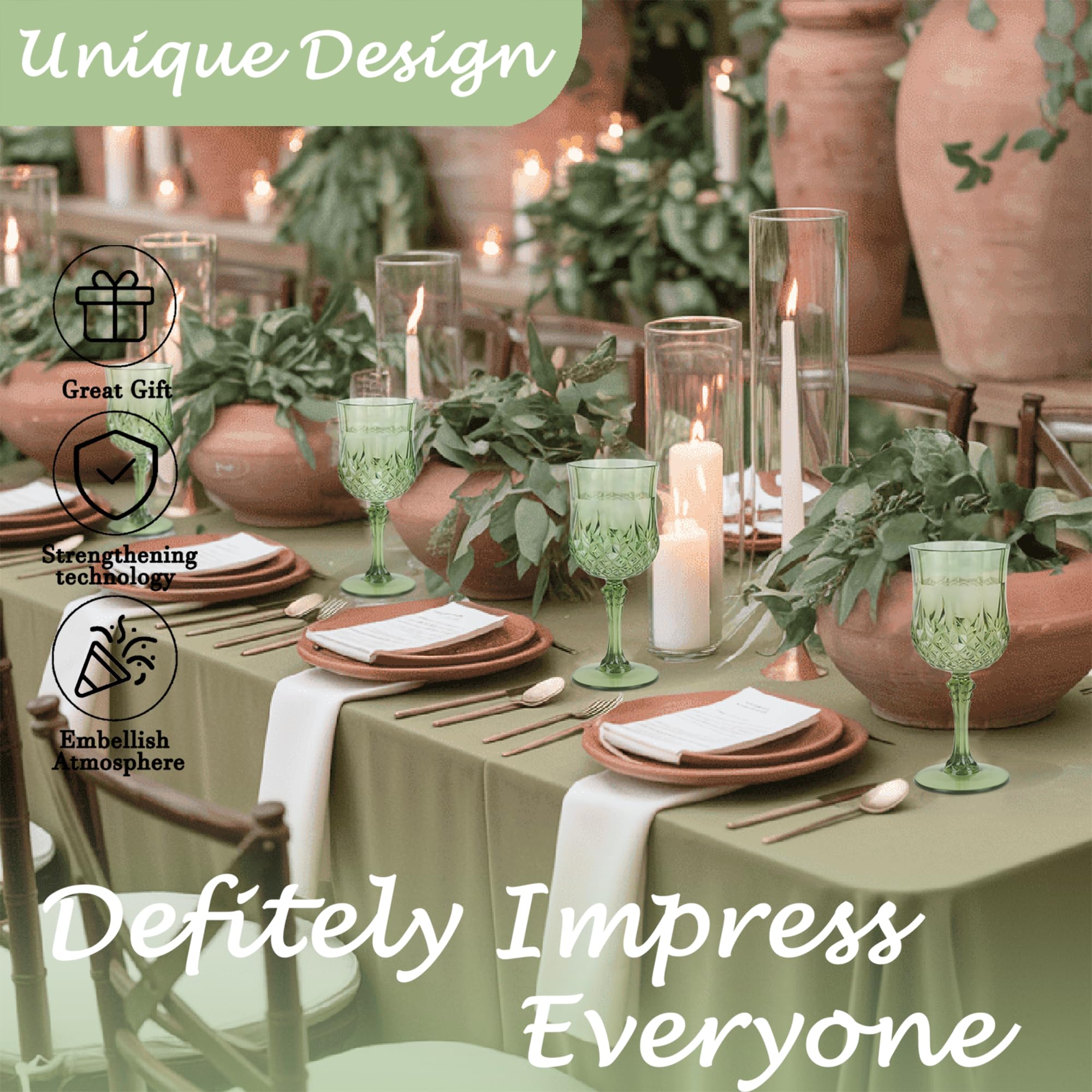LEYIQU emerald green plastic wine glasses at a dining table setup for festive occasions