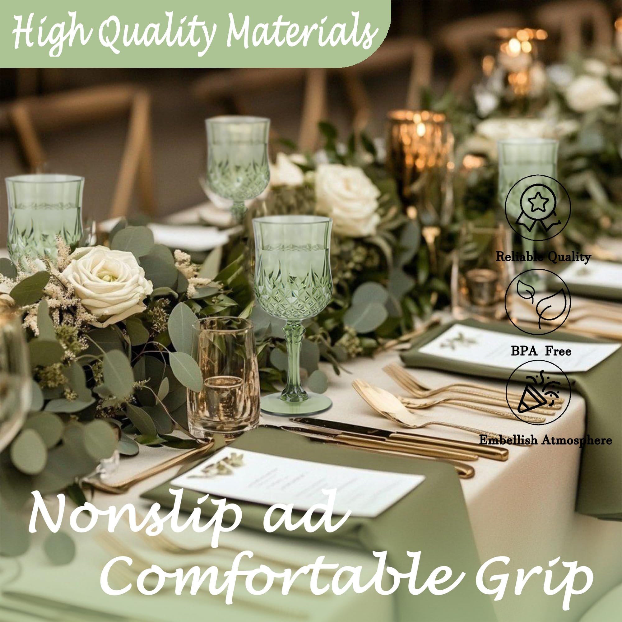 LEYIQU emerald green plastic wine glasses, close-up, durable plastic with a glossy finish for celebrations