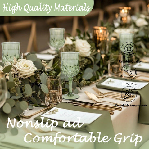 LEYIQU emerald green plastic wine glasses, close-up, durable plastic with a glossy finish for celebrations