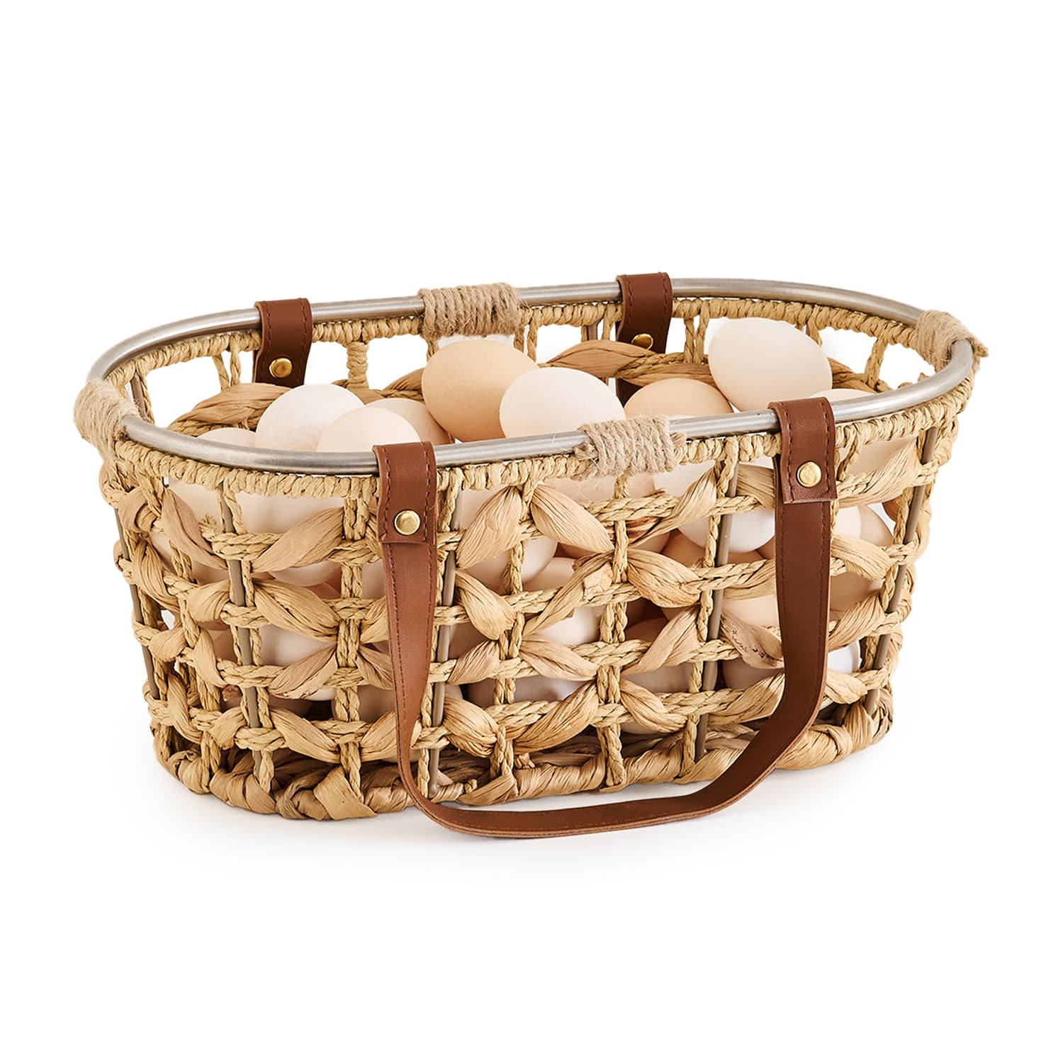 LGENHOOM egg basket with seagrass weave and handle for safe egg collection