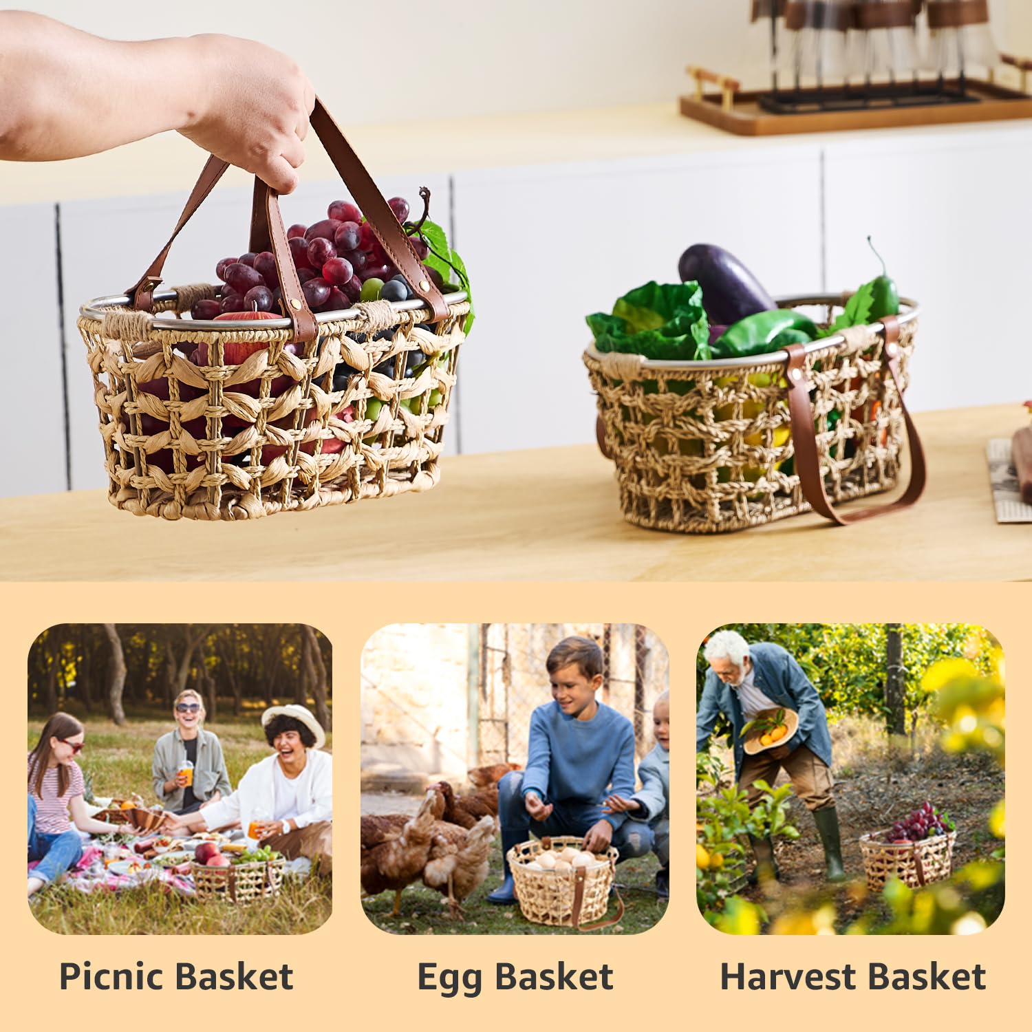 LGENHOOM seagrass basket for gathering eggs in a sunny coop.