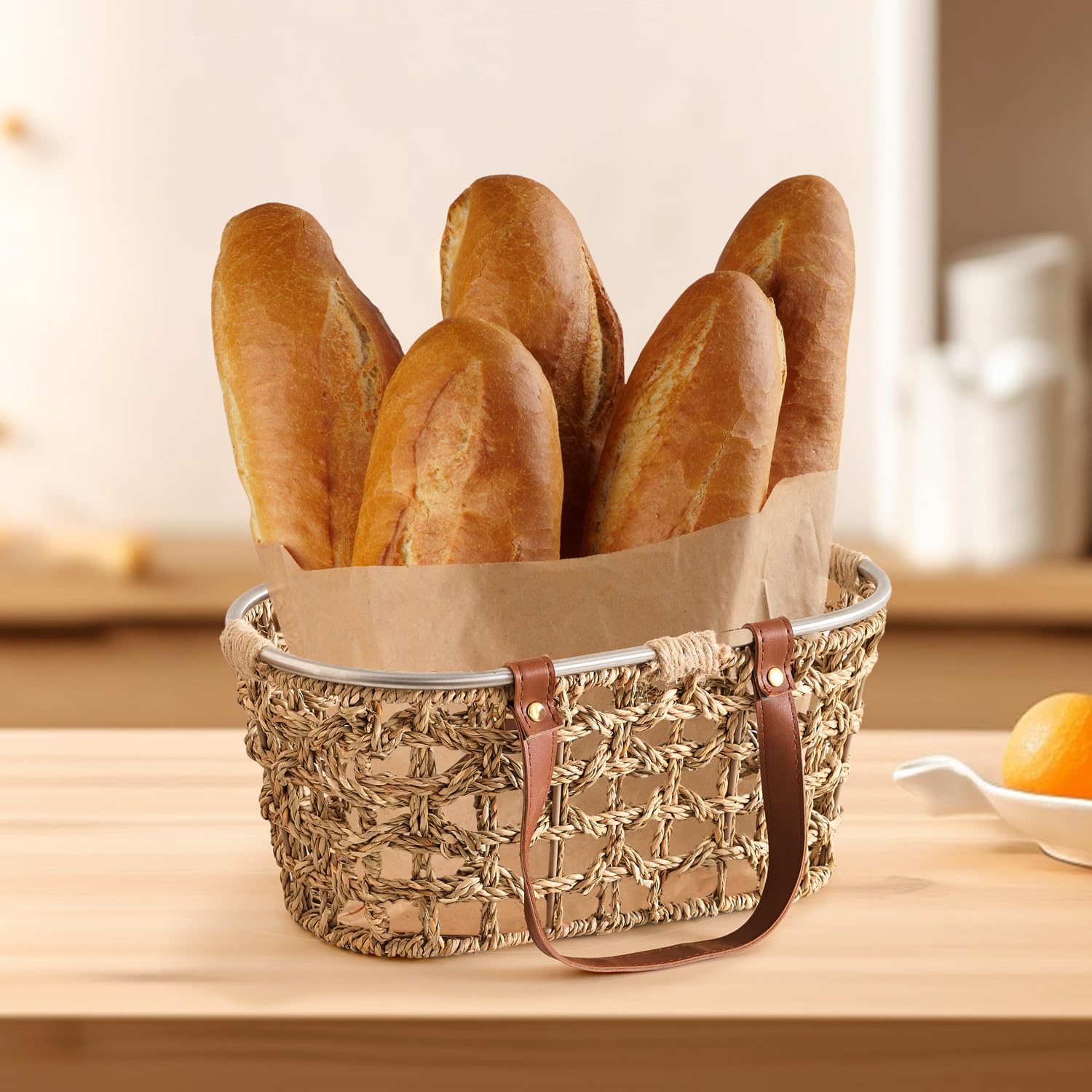 LGENHOOM wicker basket serving bread and vegetables stylishly.